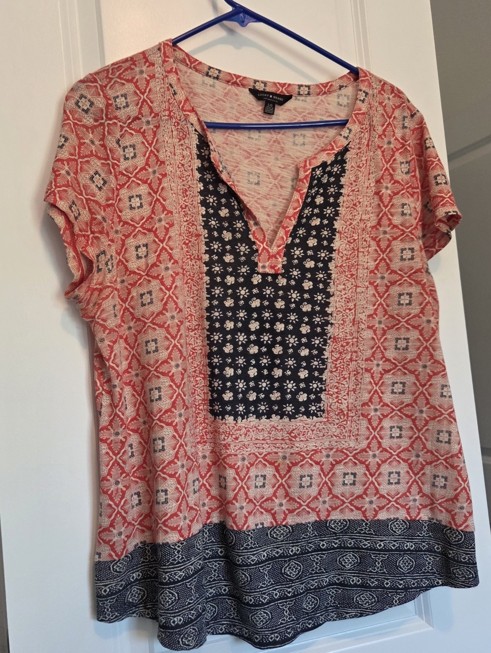 Coral Red/Orange and Navy Patterned Split-Neck Top